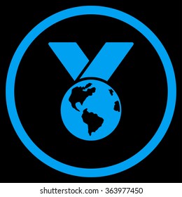 World Medal vector icon. Style is flat circled symbol, blue color, rounded angles, black background.