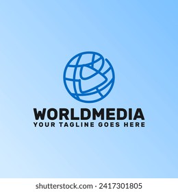 world media logo template,line art globe with play button icon.