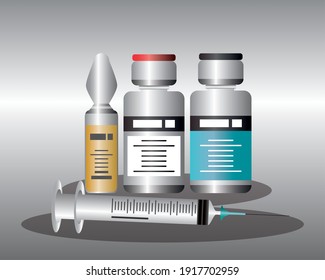 world medical bottles syringe with coronavirus vaccine, protection against covid 19 vector illustration