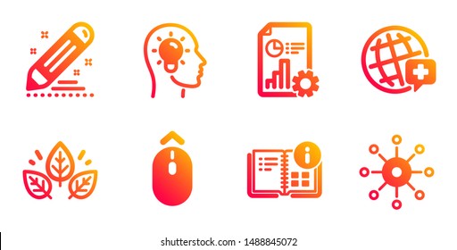 World medicine, Idea head and Instruction info line icons set. Organic tested, Report and Brand contract signs. Swipe up, Multichannel symbols. Online medicine, Lightbulb. Science set. Vector