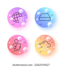 Medicina mundial, Mini pc y encuesta de clientes iconos de línea mínimos. botones de esferas o bolas 3d. Iconos de computación en nube. Para web, aplicación, impresión. Medicina en línea, Computadora, Contrato. Vector
