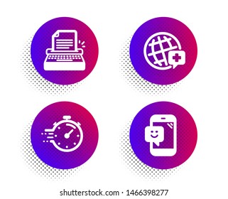 World medicine, Typewriter and Timer icons simple set. Halftone dots button. Smile sign. Online medicine, Writer machine, Deadline management. Phone feedback. Business set. Vector