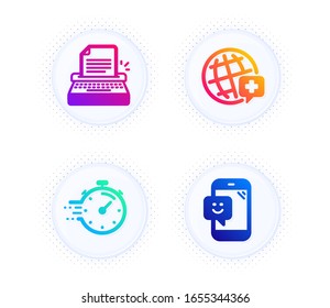 Weltmedizin, Schreibmaschine und Timer Icons einfache Set. Taste mit halftonischen Punkten. Lächle ein Zeichen. Online-Medizin, Writer Machine, Deadline Management. Telefonische Rückmeldung. Business Set. Vektorillustration