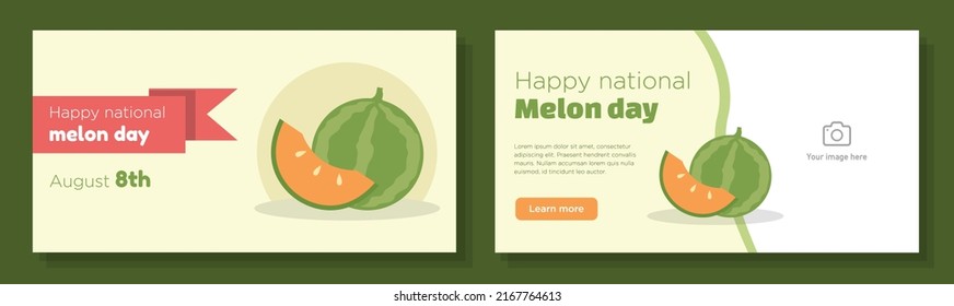World melon day 2022 online banner template set, national muskmelon celebration advertisement, horizontal ad, delicious fruit webpage, August 9th creative brochure, isolated on background.