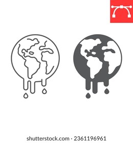 World melting line and glyph icon, climate change and ecology, global warming vector icon, vector graphics, editable stroke outline sign, eps 10.