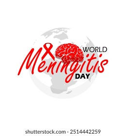 World Meningitis Day celebrate on October 5th health event banner. Illustration of a brain, red ribbon, text and earth on white background.