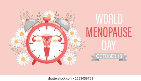 World Menopause Day banner. Female reproductive system in alarm clock with flowers. Medical poster, illustration.