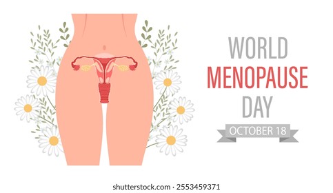 World Menopause Day Banner. Female reproductive system with flowers. Medical poster, illustration.