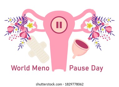 World menopause day concept vector. Event is celebrated in 18 October. Uterus with tropical flower and leaves. Sign pause inside woman organ. Menstrual cup and pad are shown.