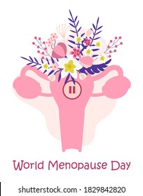 World menopause day concept vector. Event is celebrated in 18 October. Uterus with tropical flower and leaves. Sign pause inside woman organ. 