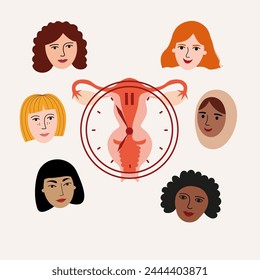 World Menopause Day hand drawn card background with different race women, female ovaries, clock. Vector illustration on isolated background. Medical concept for women awareness, body care, health