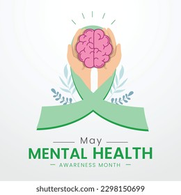 World Mental Health awareness month Vector Illustration. Human Brain with green ribbon