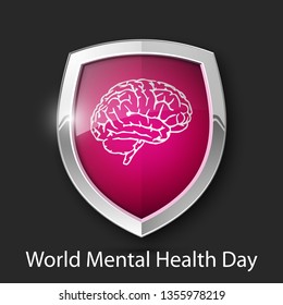 World Mental Health Day. Absolute protection guard shield brain concept. Safety vector badge abstract protection icon Privacy banner brain shield. Defense presentation sticker brain shield safeguard