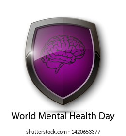 World Mental Health Day. Absolute protection guard shield brain concept. Safety vector badge abstract protection icon Privacy banner brain shield. Defense presentation sticker brain shield safeguard