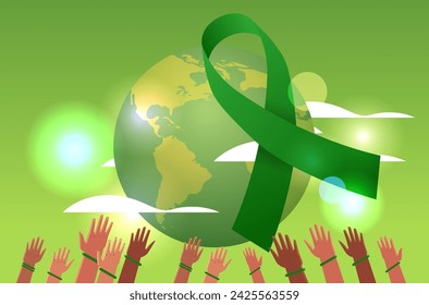 world mental health day awareness month banner mix race human hands with green ribbon horizontal