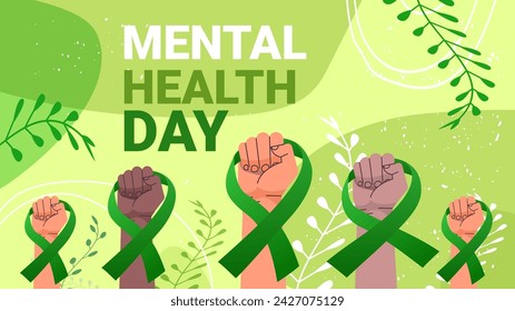 día mundial de la salud mental mes de conciencia banner mezcla las manos humanas con cinta verde