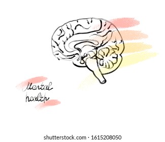 World Mental Health Day background. Brain and text with colorful lines. Line art doodle sketch. Black outline on white background. Picture can be used in greeting cards, posters, flyers, banners, logo