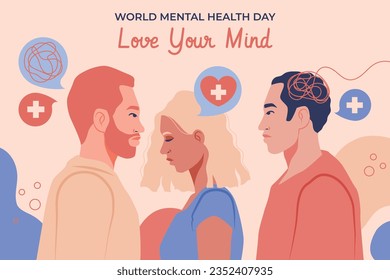 Antecedentes del Día Mundial de la Salud Mental. Concepto de atención de la salud mental. 10 de octubre. concienciación sobre el día mundial de la salud mental. Ilustración vectorial. Cartel, cartel, volante, plantilla. Publicación en medios sociales. Bienestar mental.