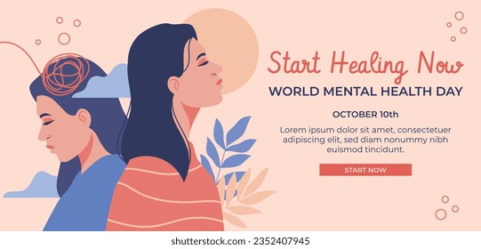 Antecedentes del Día Mundial de la Salud Mental. Concepto de atención de la salud mental. 10 de octubre. concienciación sobre el día mundial de la salud mental. Ilustración vectorial. Cartel, cartel, volante, plantilla. Publicación en medios sociales. Bienestar mental.