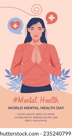 Antecedentes del Día Mundial de la Salud Mental. Concepto de atención de la salud mental. 10 de octubre. concienciación sobre el día mundial de la salud mental. Ilustración vectorial. Cartel, cartel, volante, plantilla. Publicación en medios sociales. Bienestar mental.