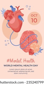 Antecedentes del Día Mundial de la Salud Mental. Concepto de atención de la salud mental. 10 de octubre. concienciación sobre el día mundial de la salud mental. Ilustración vectorial. Cartel, cartel, volante, plantilla. Publicación en medios sociales. Bienestar mental.