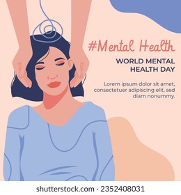 Antecedentes del Día Mundial de la Salud Mental. Concepto de atención de la salud mental. 10 de octubre. concienciación sobre el día mundial de la salud mental. Ilustración vectorial. Cartel, cartel, volante, plantilla. Publicación en medios sociales. Bienestar mental.