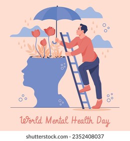 Antecedentes del Día Mundial de la Salud Mental. Concepto de atención de la salud mental. 10 de octubre. concienciación sobre el día mundial de la salud mental. Ilustración vectorial. Cartel, cartel, volante, plantilla. Publicación en medios sociales. Bienestar mental.