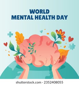 Antecedentes del Día Mundial de la Salud Mental. Concepto de atención de la salud mental. 10 de octubre. concienciación sobre el día mundial de la salud mental. Ilustración vectorial. Cartel, cartel, volante, plantilla. Publicación en medios sociales. Bienestar mental.