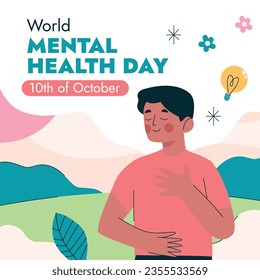 Antecedentes del Día Mundial de la Salud Mental. Concepto de atención de la salud mental. 10 de octubre. concienciación sobre el día mundial de la salud mental. Ilustración vectorial. Cartel, cartel, volante, plantilla. Publicación en medios sociales. Bienestar mental.