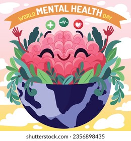 Antecedentes del Día Mundial de la Salud Mental. Concepto de atención de la salud mental. 10 de octubre. concienciación sobre el día mundial de la salud mental. Ilustración vectorial. Cartel, cartel, volante, plantilla. Publicación en medios sociales. Bienestar mental.