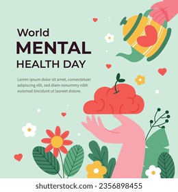 Antecedentes del Día Mundial de la Salud Mental. Concepto de atención de la salud mental. 10 de octubre. concienciación sobre el día mundial de la salud mental. Ilustración vectorial. Cartel, cartel, volante, plantilla. Publicación en medios sociales. Bienestar mental.