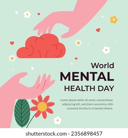 Antecedentes del Día Mundial de la Salud Mental. Concepto de atención de la salud mental. 10 de octubre. concienciación sobre el día mundial de la salud mental. Ilustración vectorial. Cartel, cartel, volante, plantilla. Publicación en medios sociales. Bienestar mental.