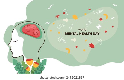 World Mental Health Day Background. Mental Health care concept. October 10. world mental health day awareness. Vector illustration. Poster, Banner, Flyer, Template. Social Media Post. Mental wellness.