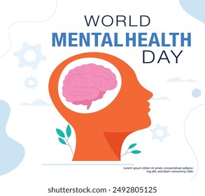 World Mental Health Day Background. Mental Wellness Health care concept. October 10.  awareness. Vector illustration. Poster, Banner, Flyer, Template. Social Media Post. Contour brain is calm.