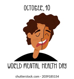 World mental health day banner. A man's face divided by two polar states of mood. Bipolar disorder, an dissociated, split personality, depression concept vector illustration.
