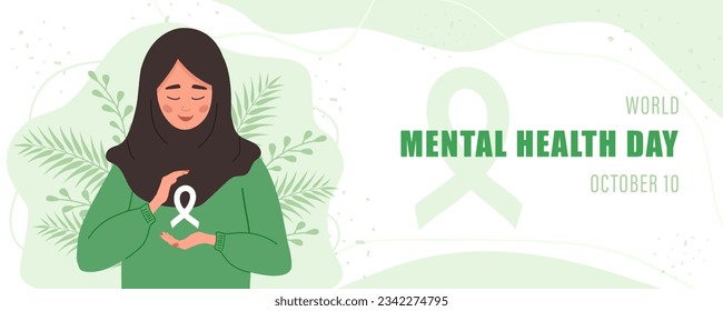 World mental health day banner. Happy islamic woman with ribbon. Annual international health campaign. Vector illustration in flat cartoon style.