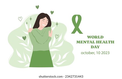 Pancarta del Día Mundial de la Salud Mental, joven abrazándose con fondo verde y cinta adhesiva