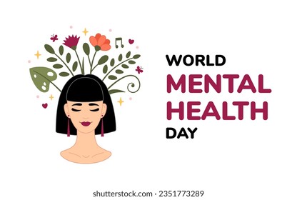 World Mental health Day banner, postcard with Latin woman accepting, loving herself and text. Vector illustration for international holiday. Cartoon style, flat design. Mental health concept.