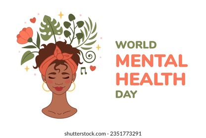 World Mental health Day banner, postcard with African woman accepting, loving herself and text. Vector illustration for international holiday. Cartoon style, flat design. Mental health concept.