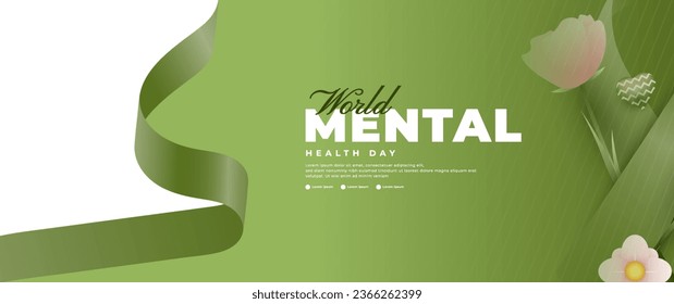 world mental health day banner design with green ribbon elements