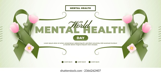 world mental health day banner design with green ribbon elements