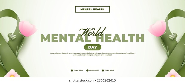 world mental health day banner design with green ribbon elements