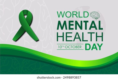 World Mental Health Day banner. October 10. Human head with a labyrinth, green ribbons and brain labyrinth. Vector illustration for cards, banners, social feeds and backgrounds.