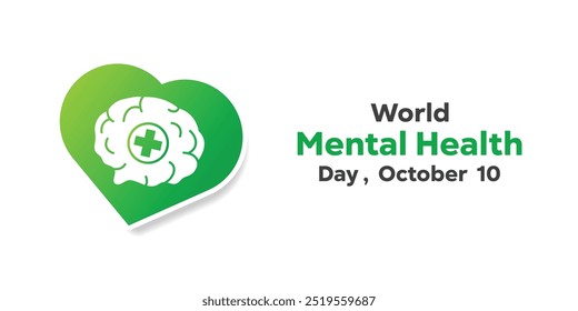 World Mental Health Day. Brain, heart and plus icon. Great for cards, banners, posters, social media and more. White background.