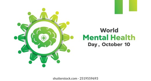 Día Mundial de la Salud Mental. Cerebro, corazón, además de icono y personas. Ideal para tarjetas, Anuncios, carteles, redes sociales y más. El fondo blanco.