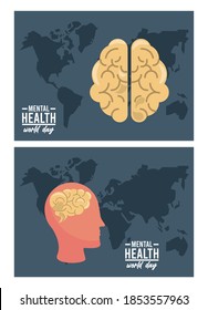 world mental health day campaign with brain profile and maps earth vector illustration design