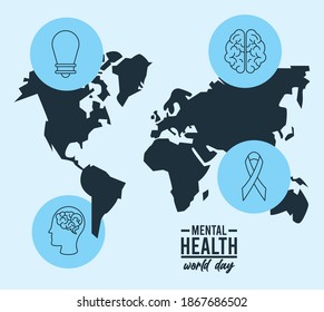 world mental health day campaign with earth maps and icons vector illustration design