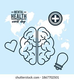 world mental health day campaign with set icons around in earth planet vector illustration design