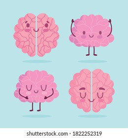 world mental health day, cartoon brains human organ expression icons vector illustration