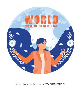 World Mental Health Day. Cheerful woman thinking positively with floral design. Mental Health concept. Flat vector illustration.